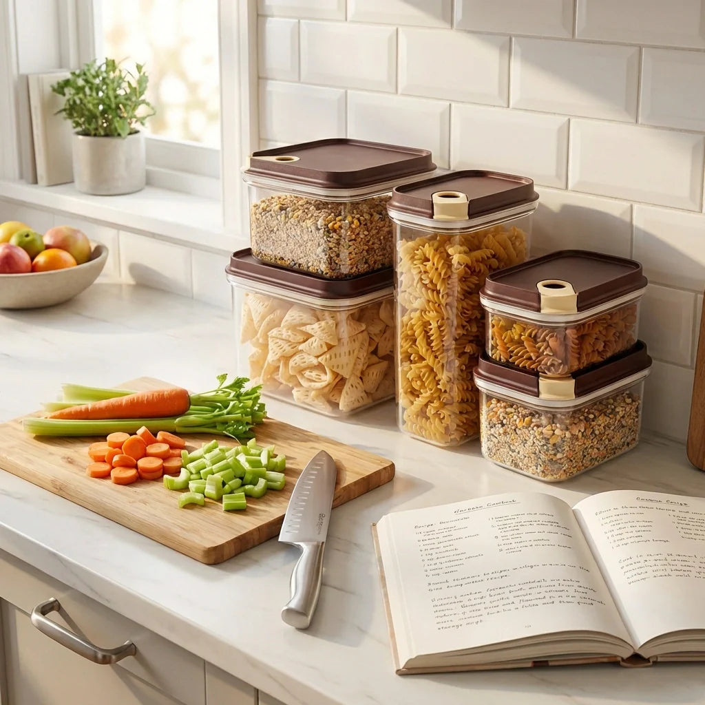 Airtight food storage containers set with clear sides and brown lids