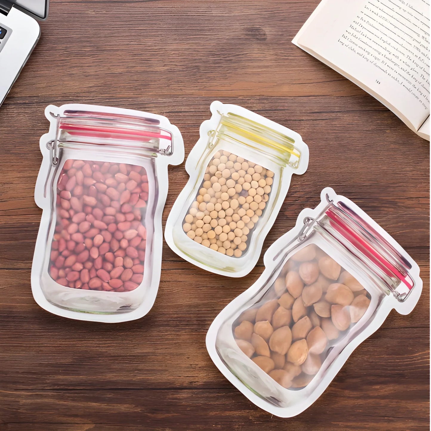 Set of 3 airtight jars with clear bodies and white clamp lids, filled with colored beans