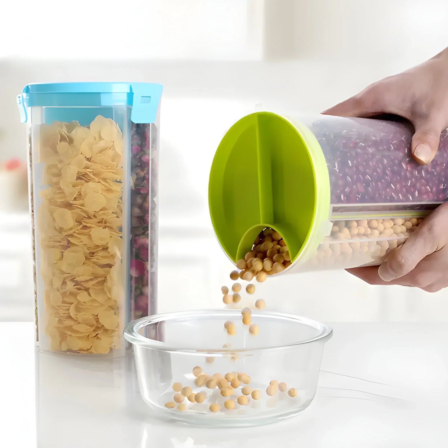 Airtight pantry storage container with clear bin, blue lid, and green scoop