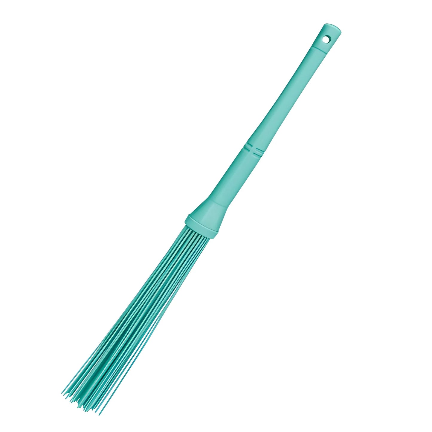 All-floor cleaning broom with teal handle and bristle head