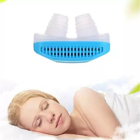 Blue nose clip air purifier device with vented front and white nasal tips
