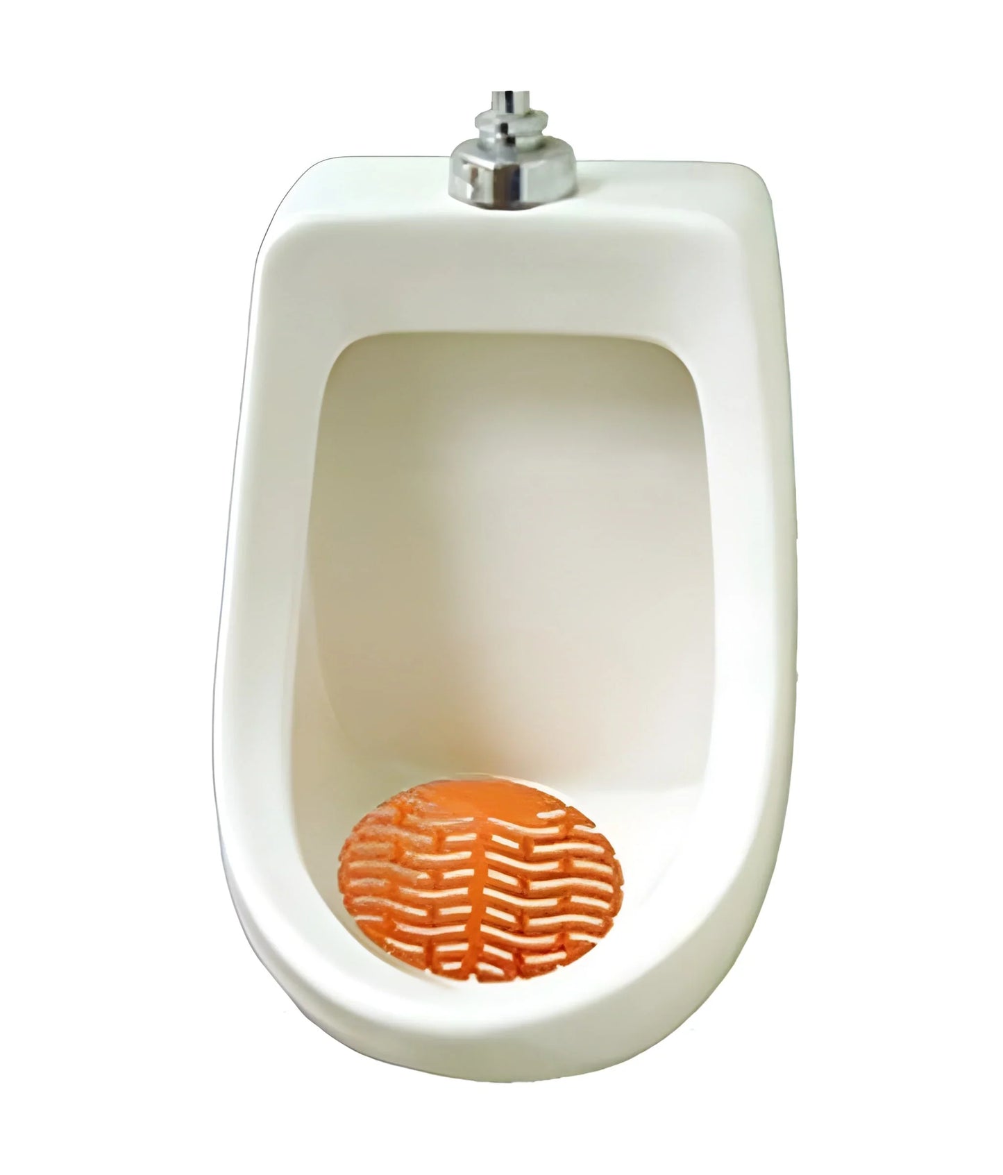 White urinal round screen mat with orange mesh insert and top mounting bolt