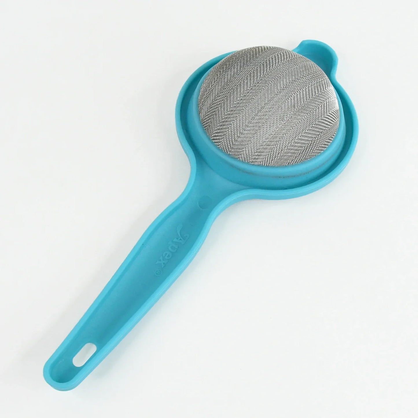 Mesh tea strainer with round gray filter and turquoise handle