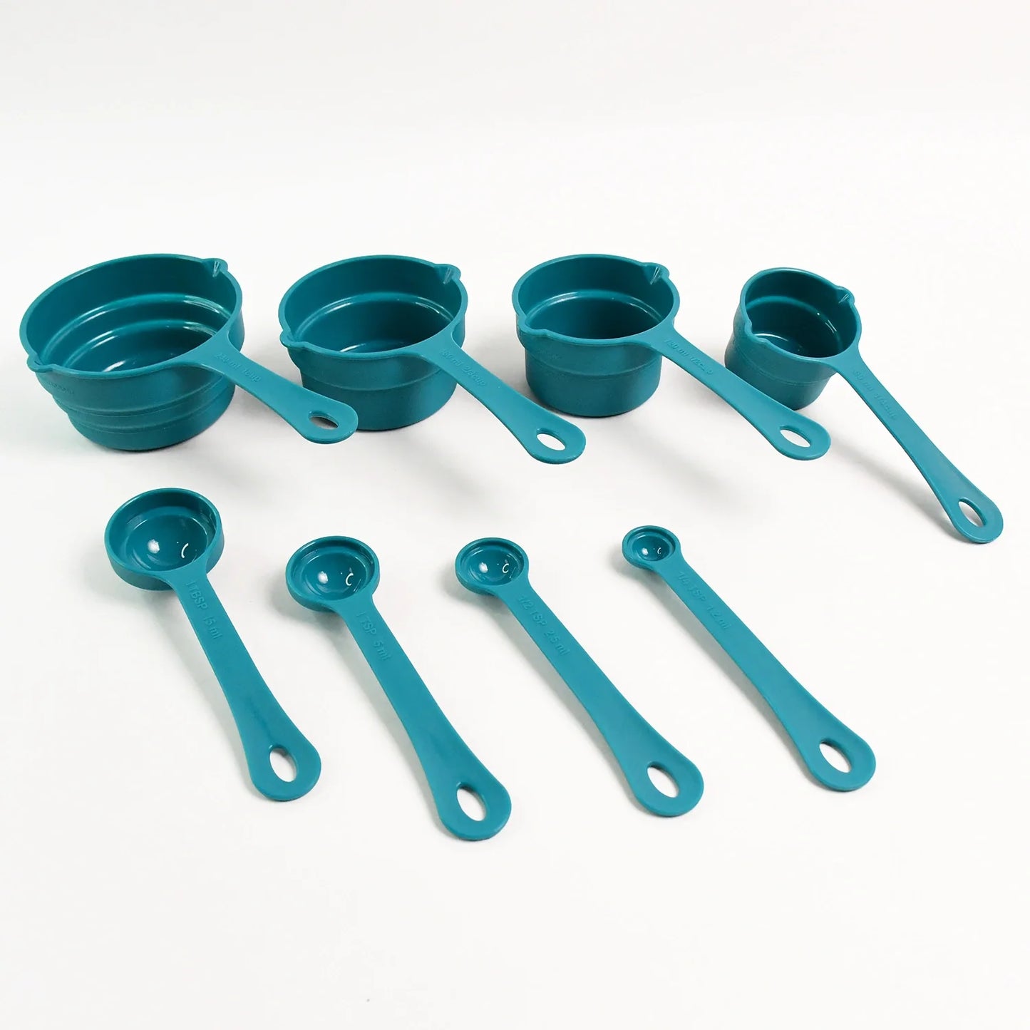 8-piece measuring spoons and cups set with teal plastic cups and spoons