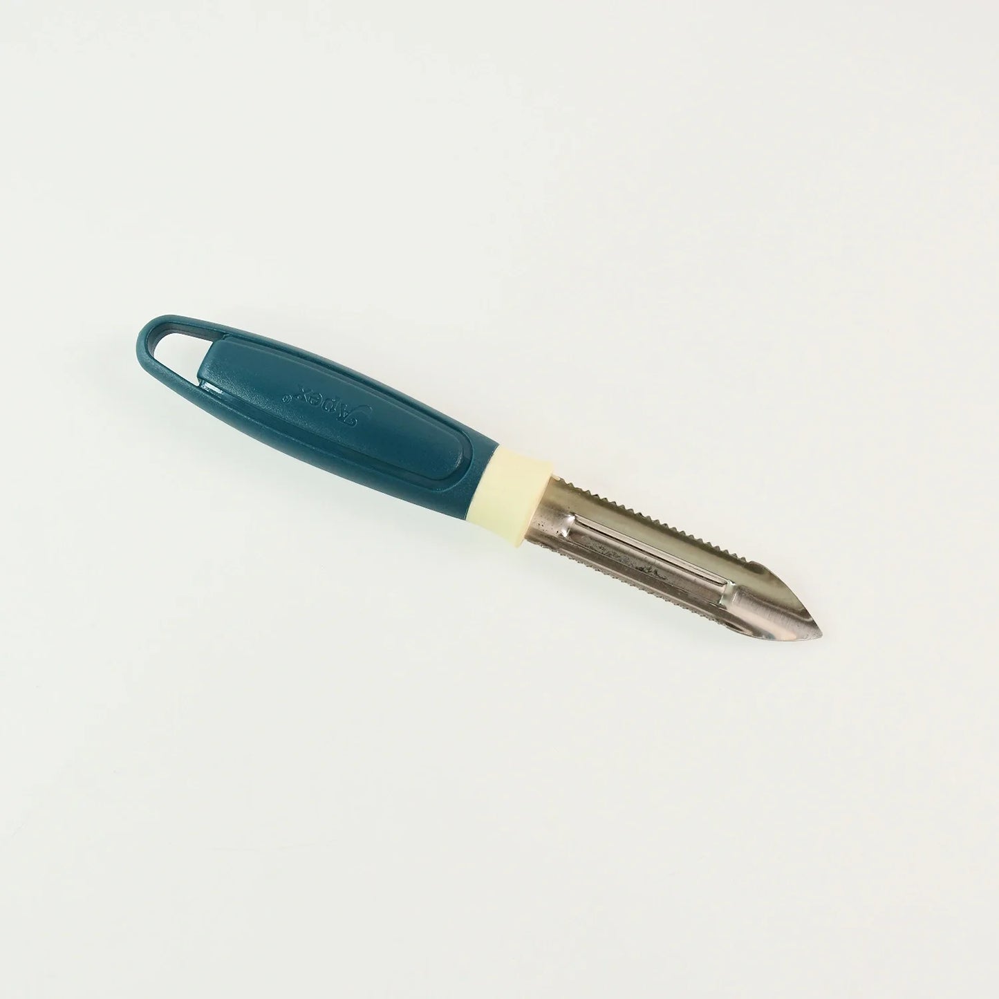 Apex potato peeler with serrated blade and teal handle