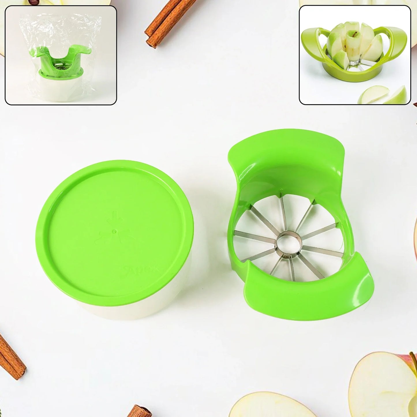 Green apple cutter with container, round base and slicing blade insert