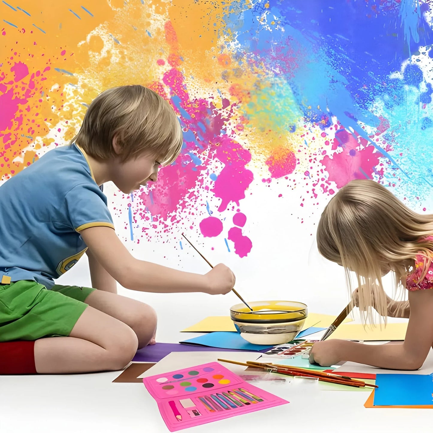 Art color kit with paint palette, brushes and colored pencils on paper