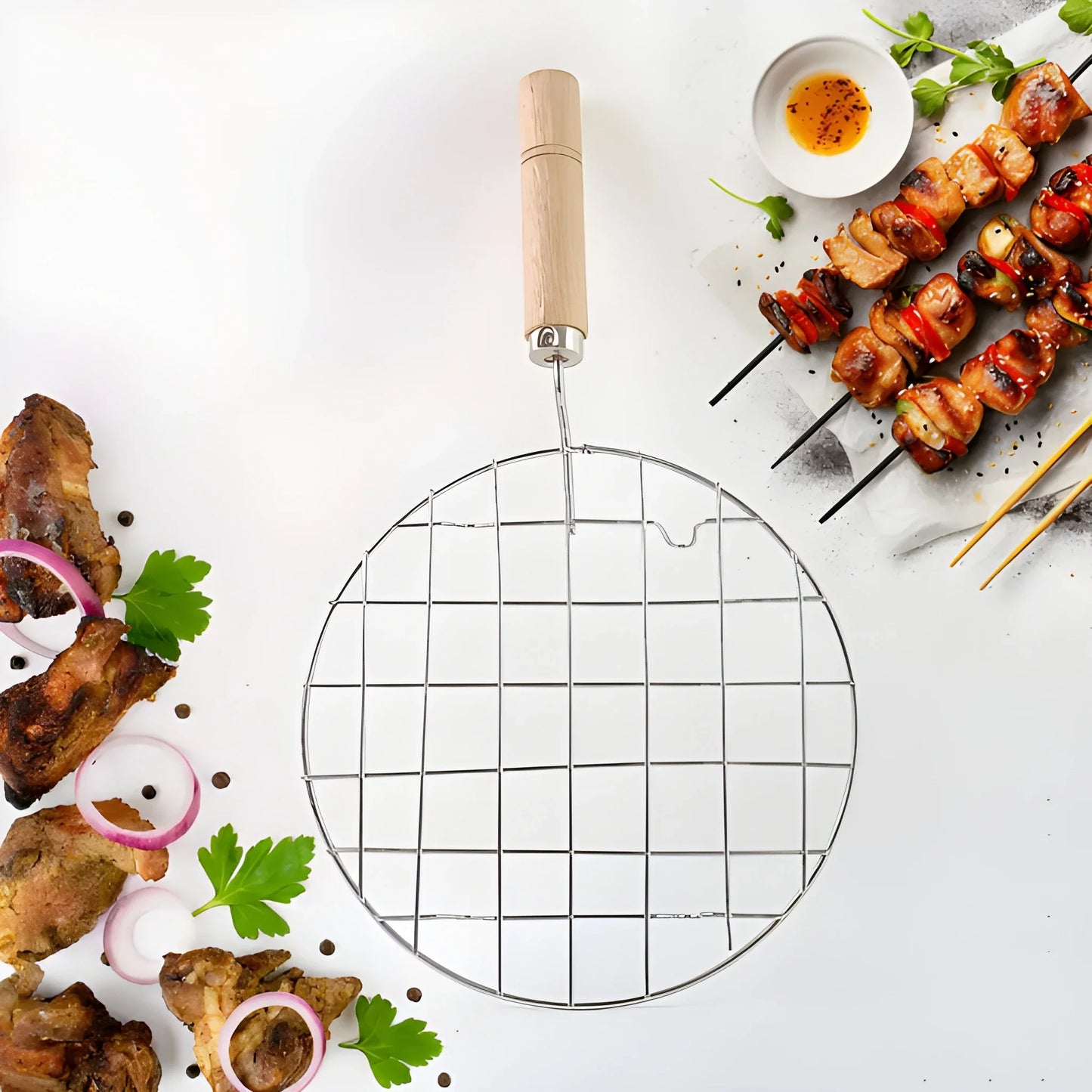 Round wire roti roaster jali with wooden handle