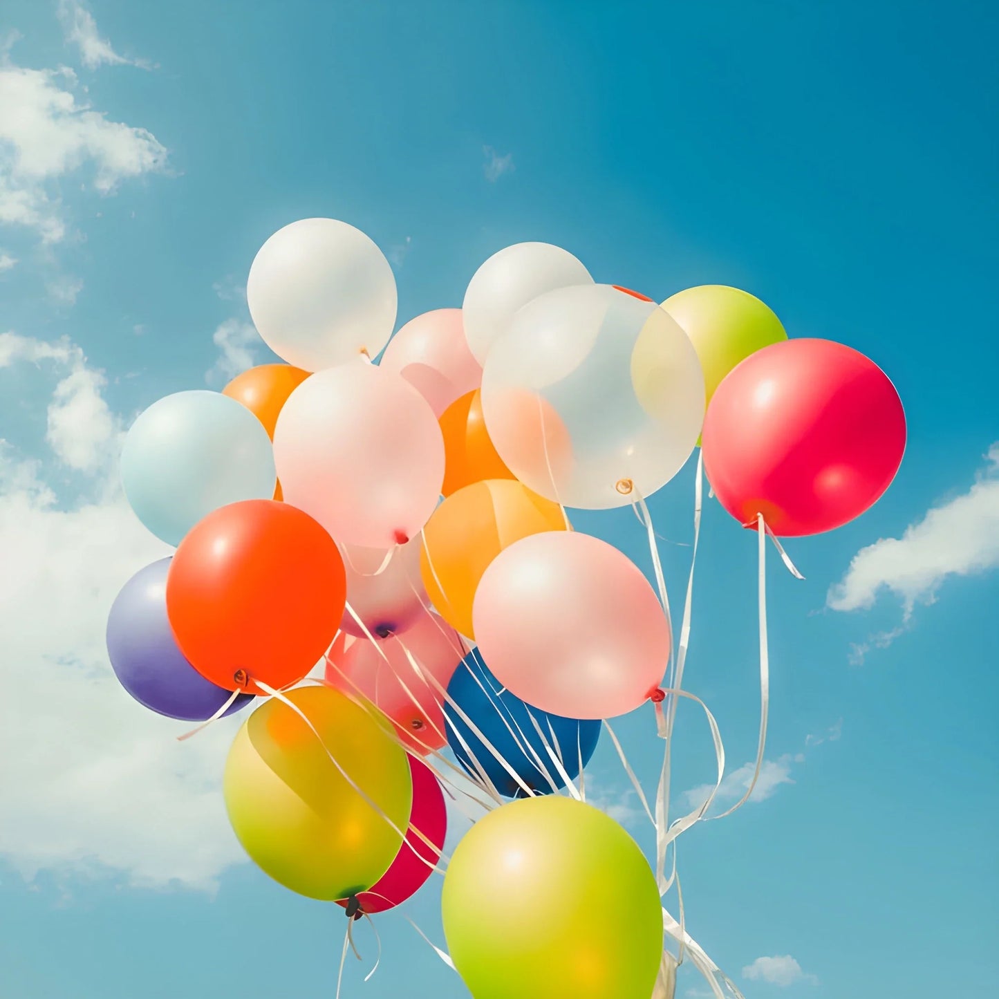 Assorted latex party balloons in red, white, orange, yellow, green, and blue