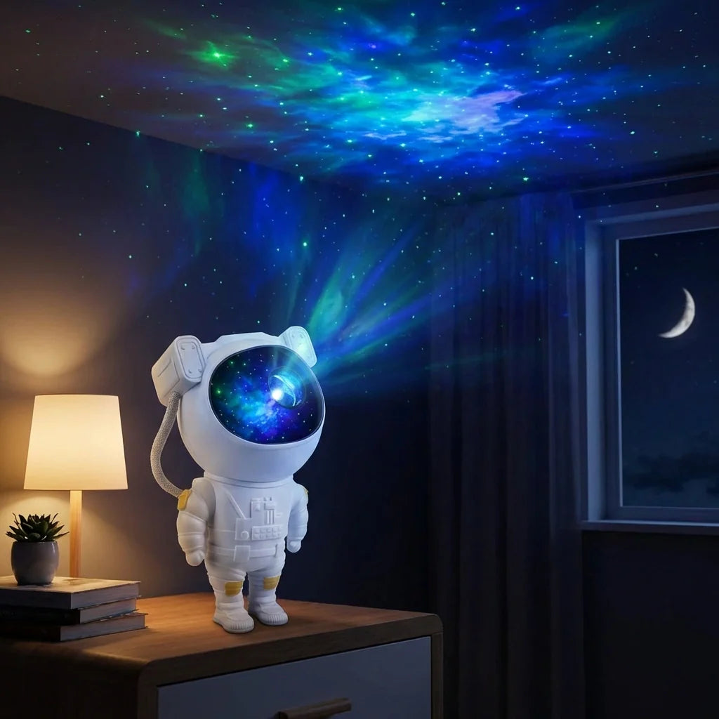 White astronaut galaxy projector with blue galaxy light