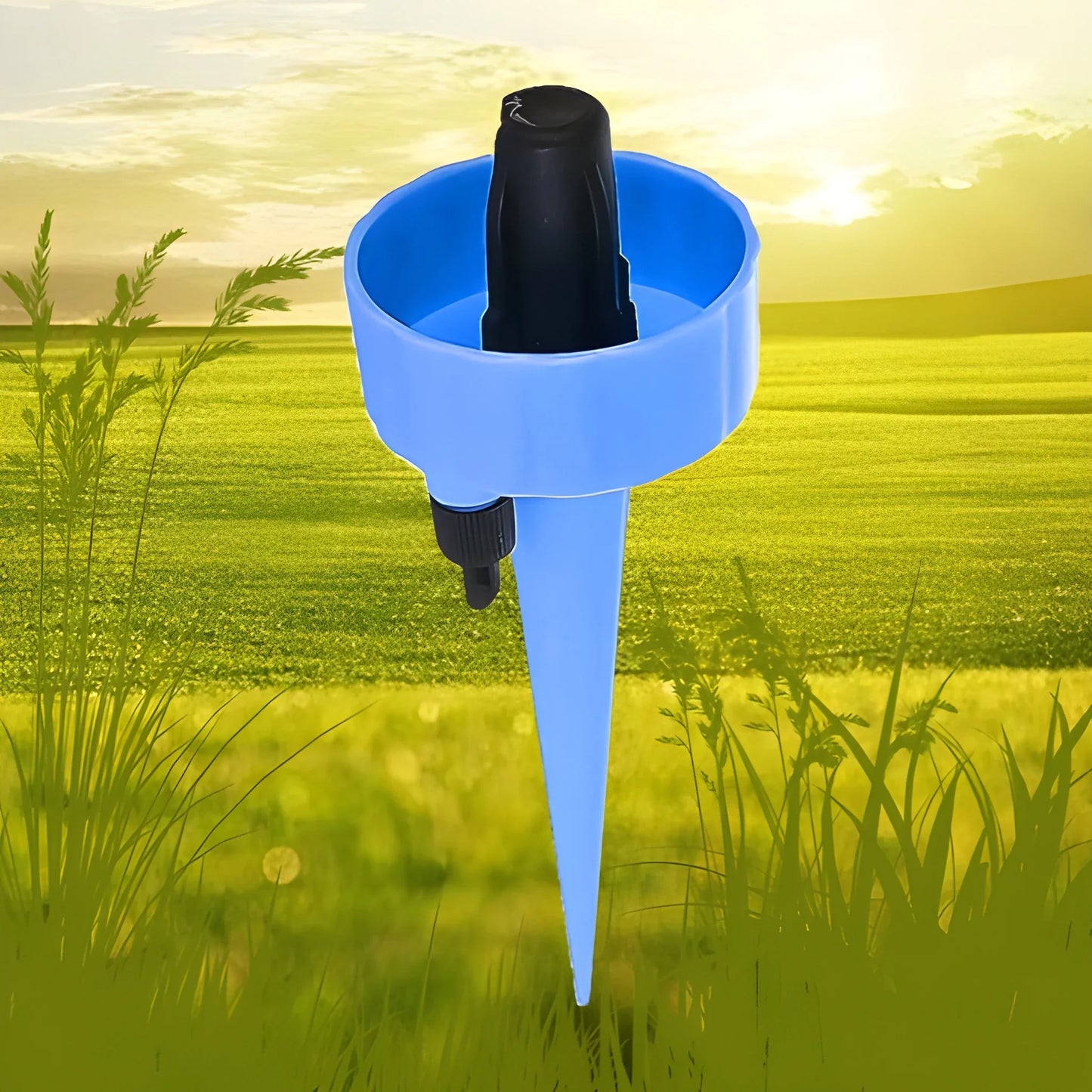 Auto plant watering spike with black nozzle and light blue spike body