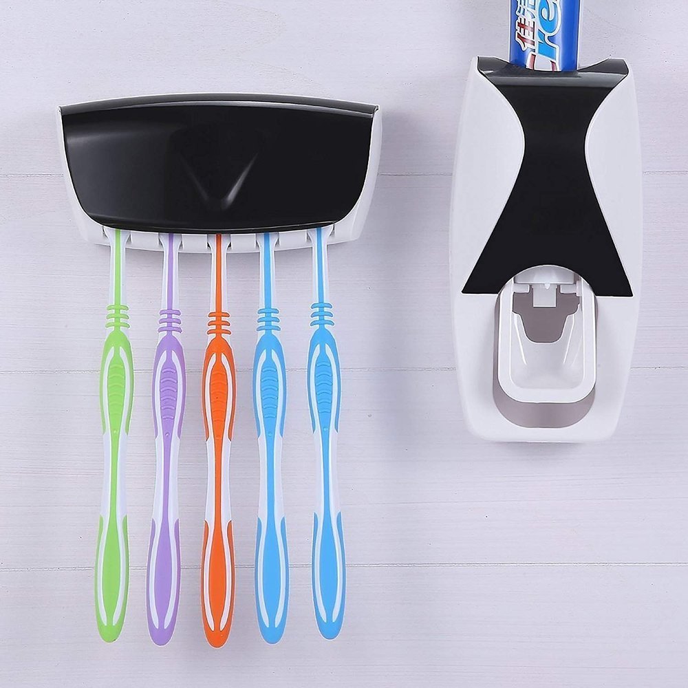 Wall-mounted automatic toothpaste dispenser with toothbrush holder and five colorful toothbrushes