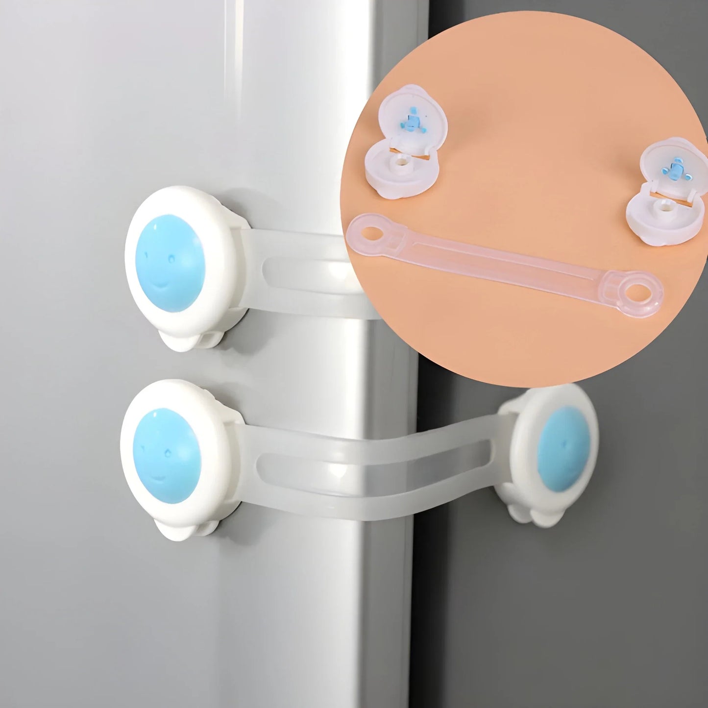 Baby safety strap locks with two round white anchors, blue pads, and gray adjustable strap