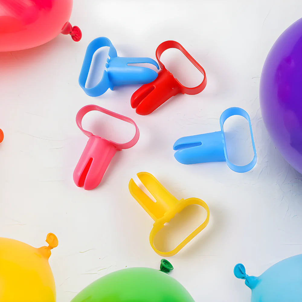 Balloon knotting tools in assorted colors, plastic C-shaped balloon holders with loop handles.