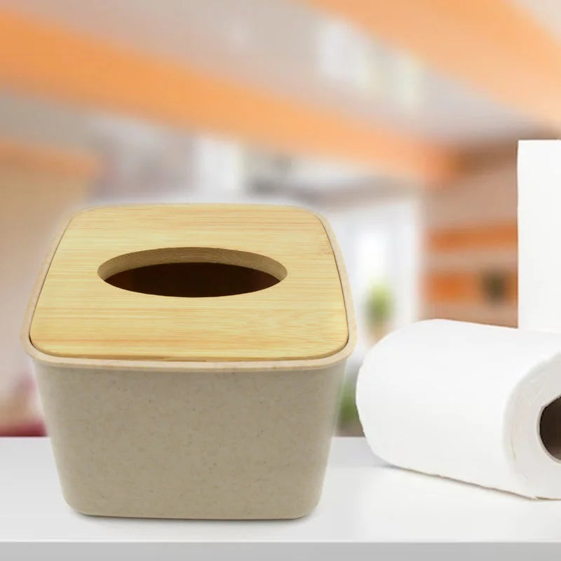 Bamboo tissue box stand with round tissue opening, light bamboo lid