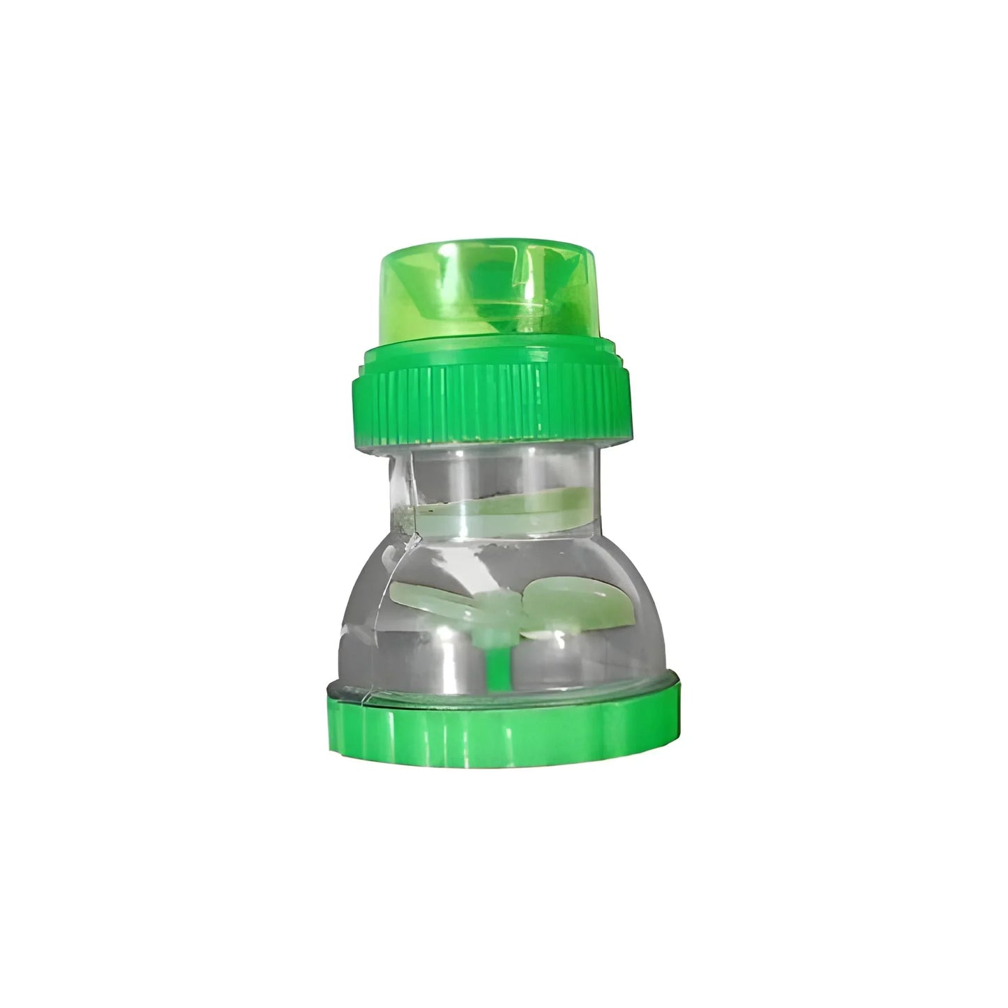 Green plastic 360-degree shower head faucet with clear body and silver base