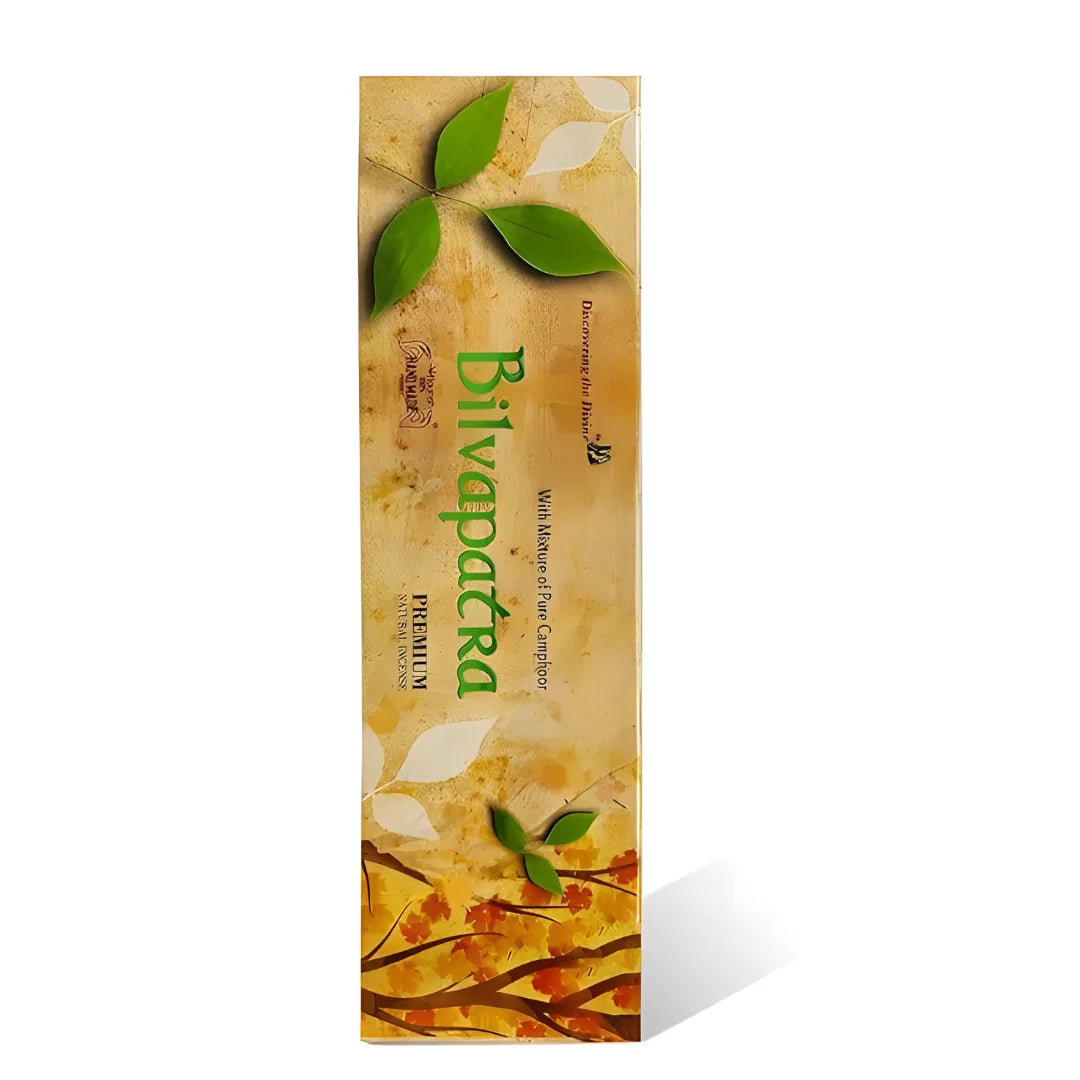 Bilvapatra incense sticks box with green leaf design and printed label