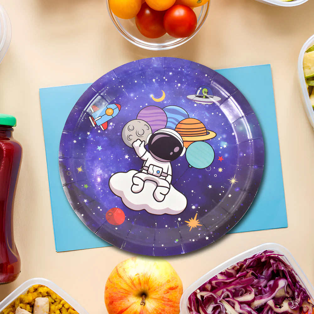 Purple space-themed birthday paper plate with astronaut and planets, round disposable