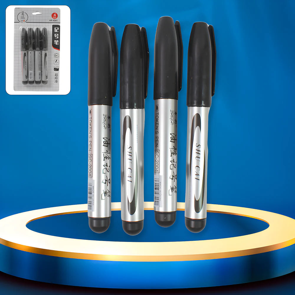 Black marker pen set with four chisel-tip pens and caps, silver barrels, black ends
