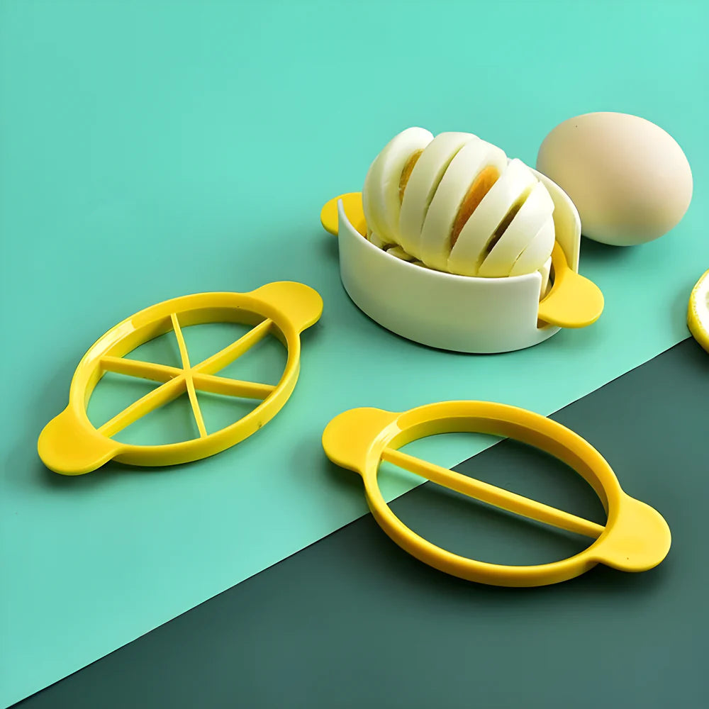 Boiled egg slicer tool with yellow divider base and egg cradle, plus cutting ring.