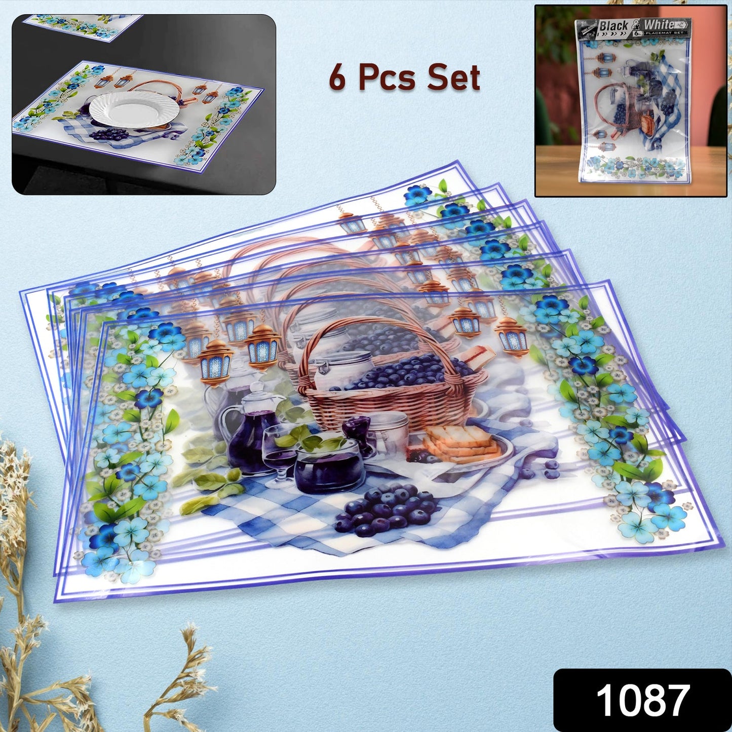 Braided dining placemats, blue floral tea design, 6-piece set