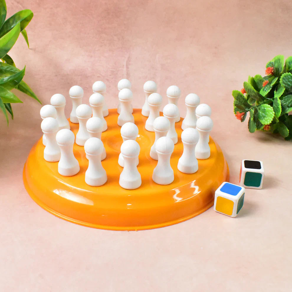 Orange base memory chess game with white chess pieces and colored blocks
