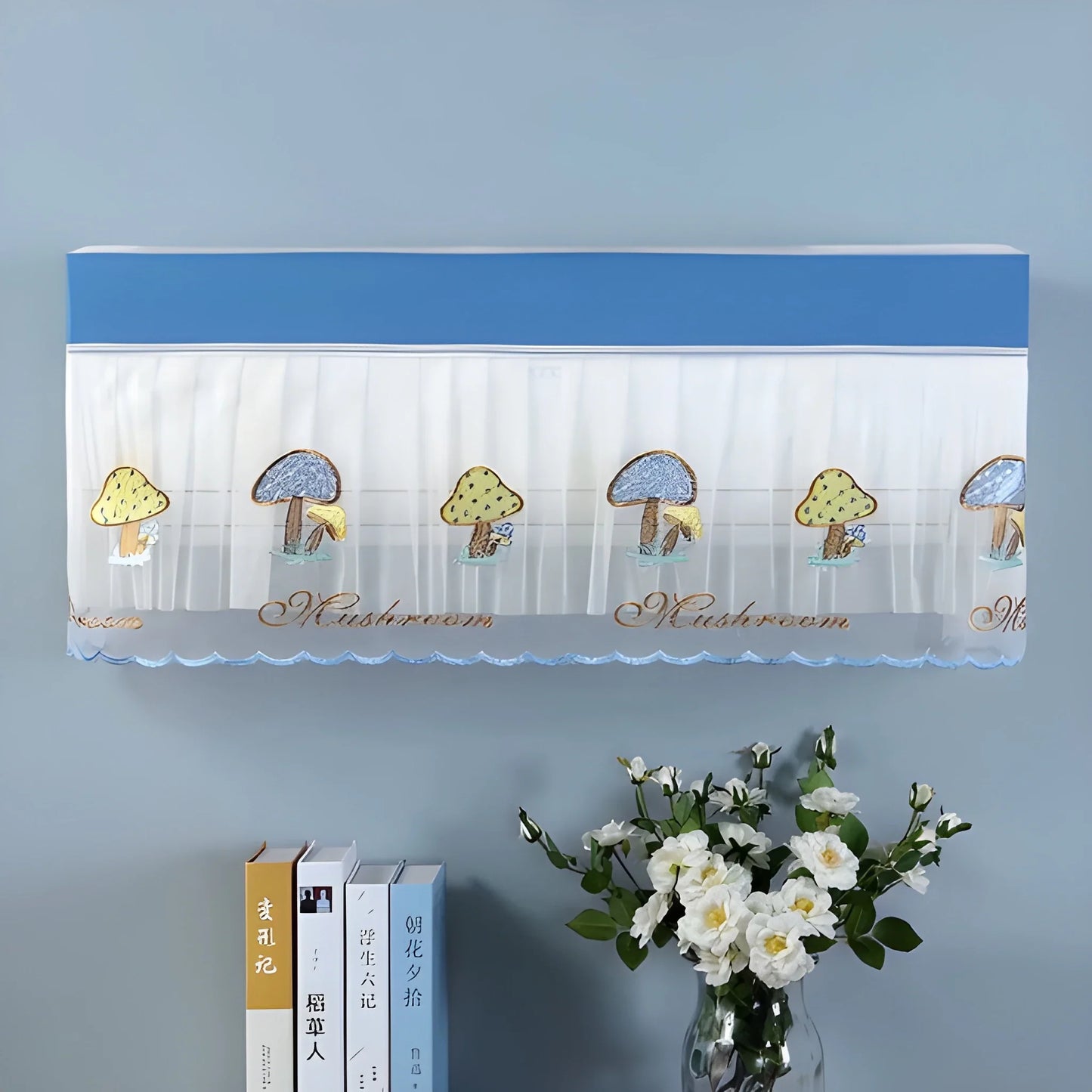 Breathable AC dust cover, white fabric with mushroom print and scalloped trim