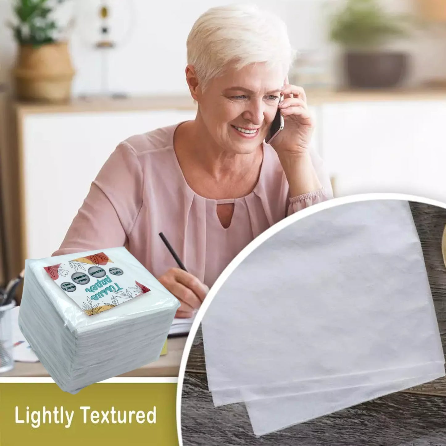 Lightly textured cleaning tissue paper sheets, stacked