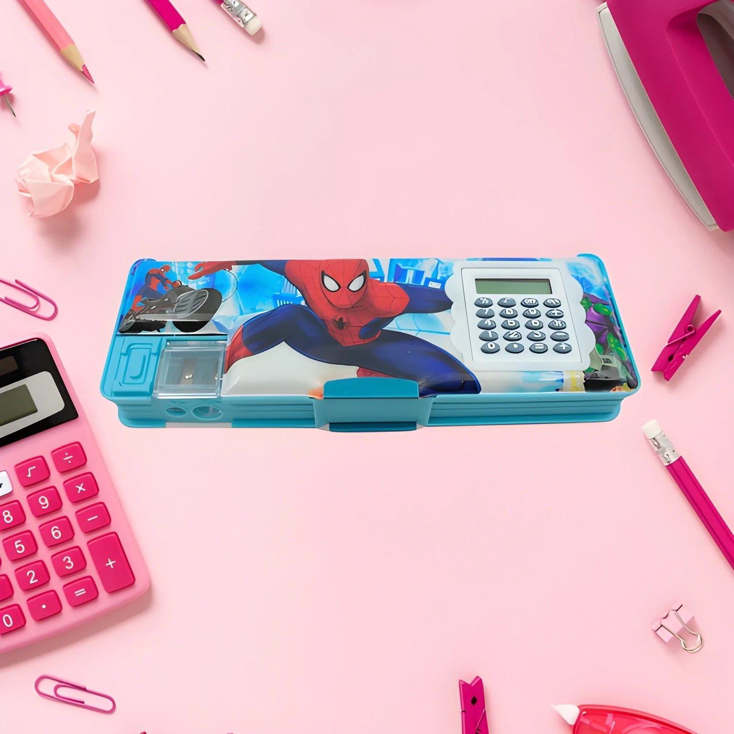 Blue school organizer case with calculator and Spider-Man graphic