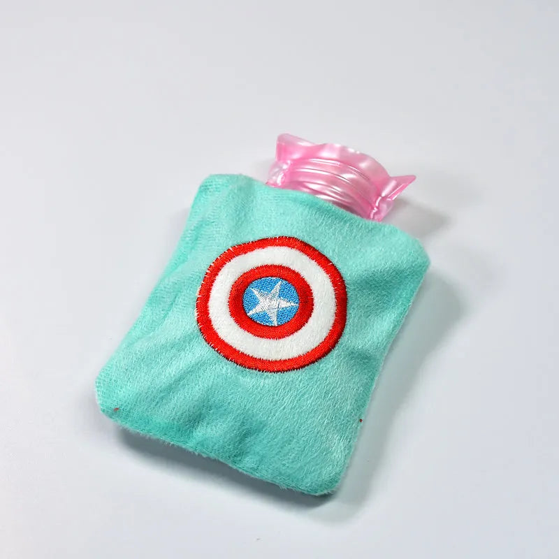 Small hot water bag cover with teal fabric, Captain America shield logo patch, and pink cap