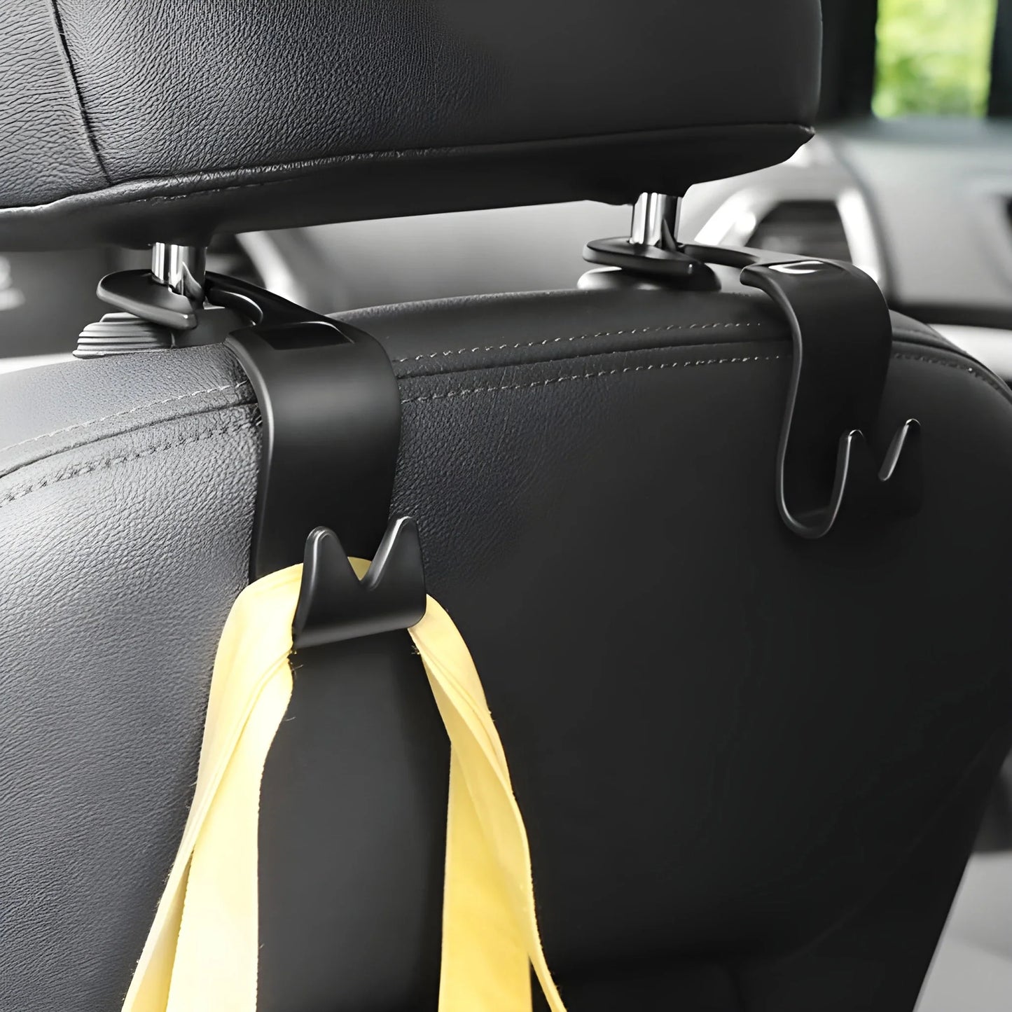 Car backrest support hanger with black strap and hanging hook attachment