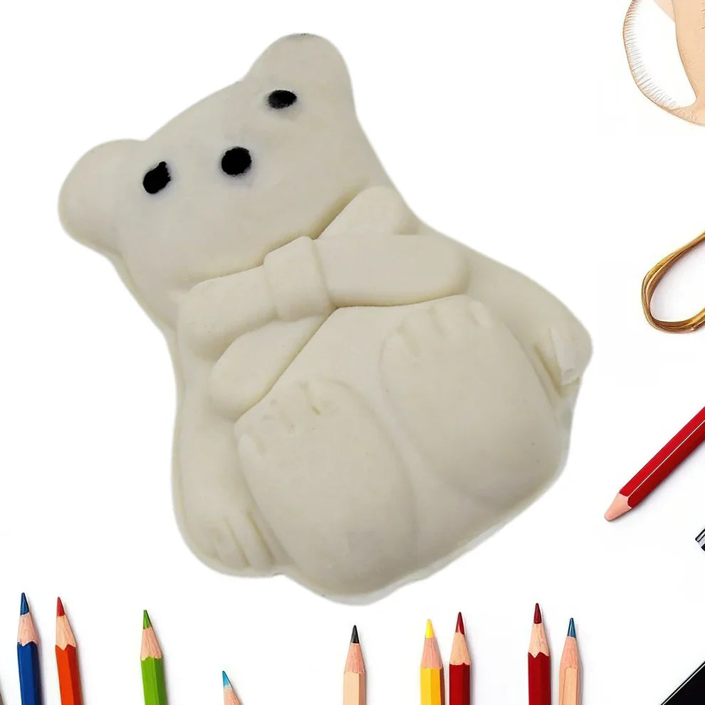 Cartoon animal eraser in light gray with black eyes, soft rounded shape