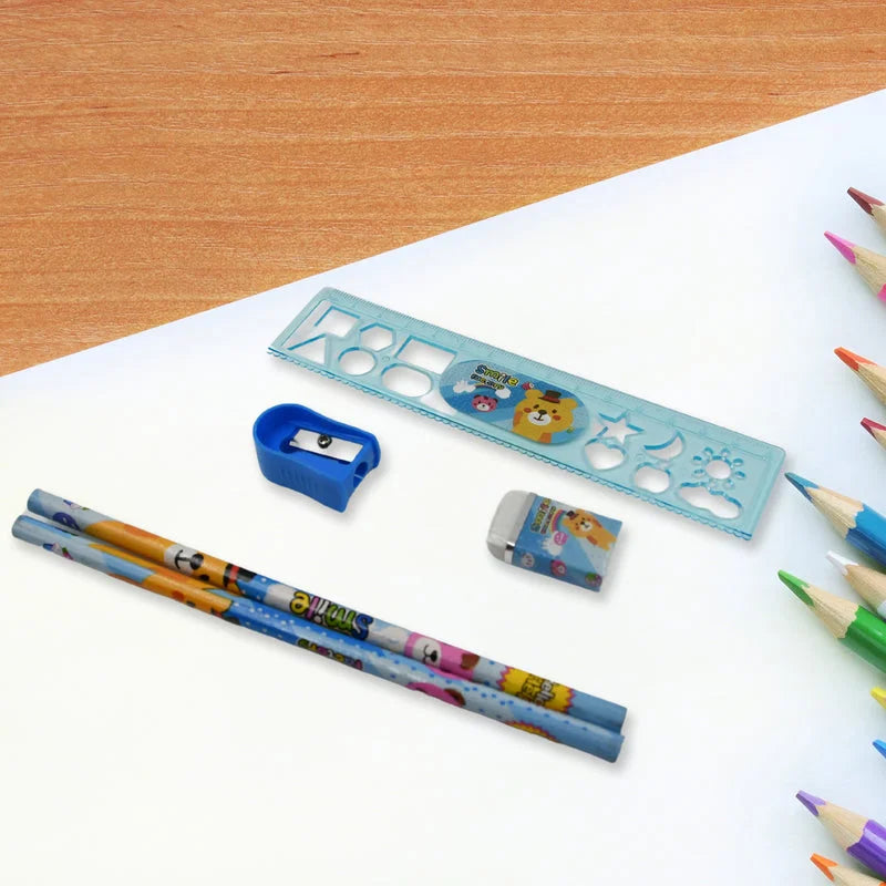 Kids stationery set: blue pencil, mini sharpener, stencil ruler, colored pencils