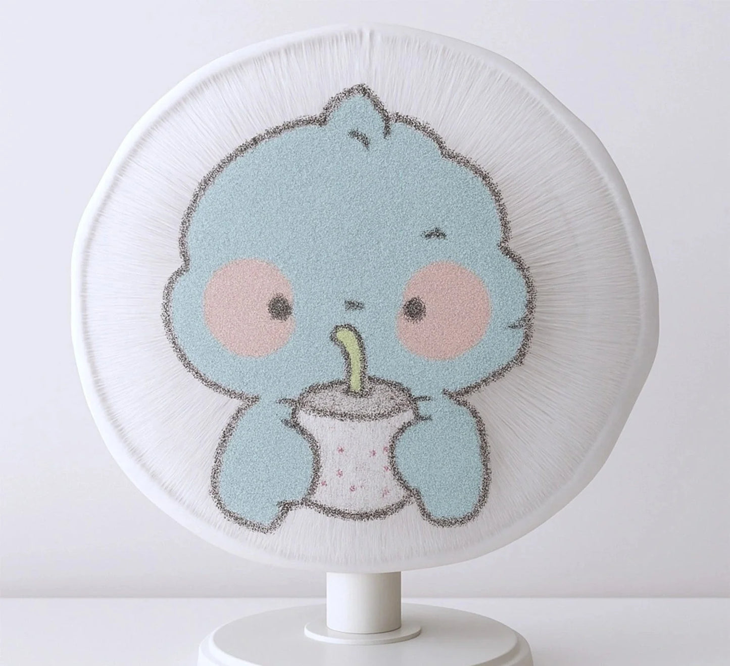 Round mesh fan cover with cute cartoon animal holding a small lantern
