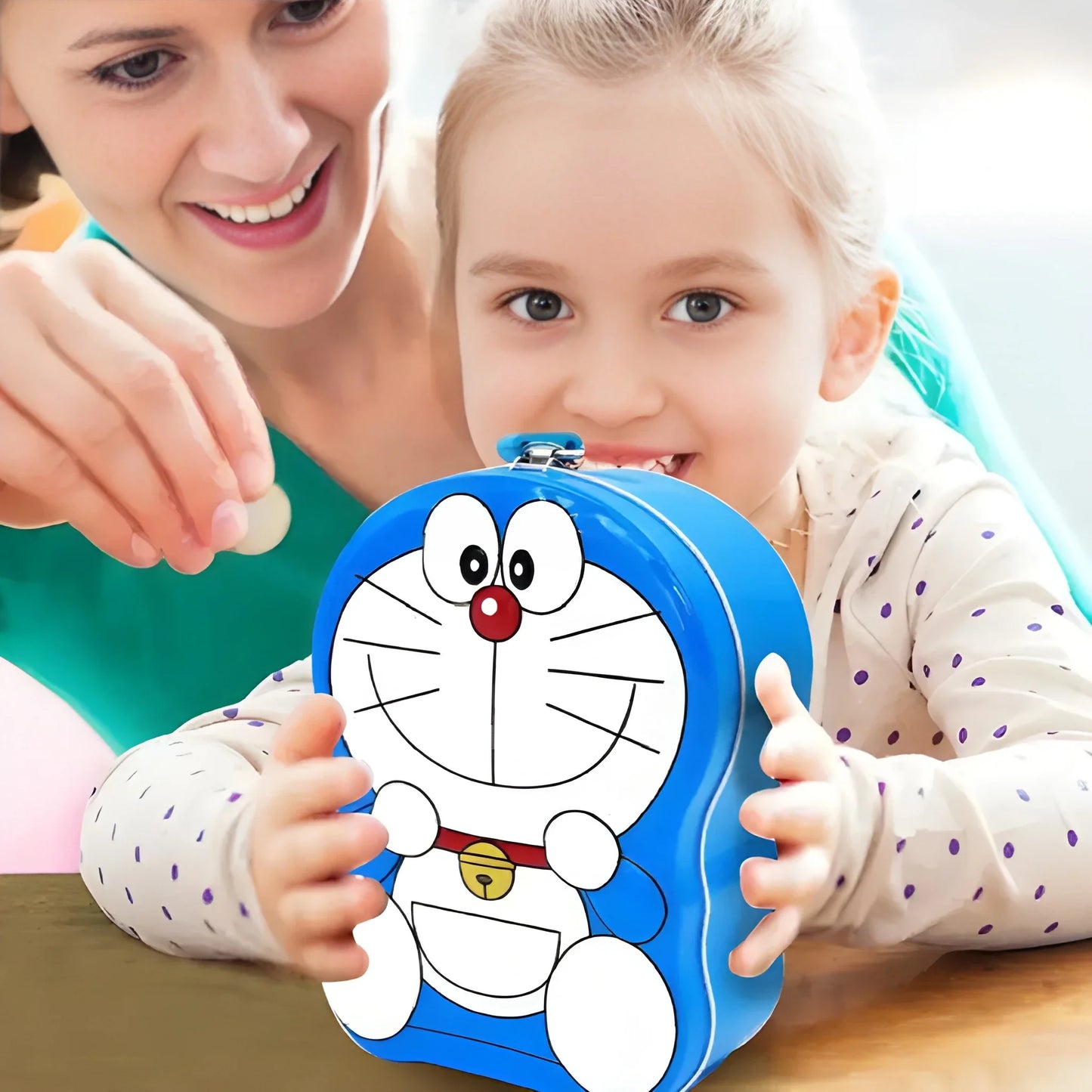 Blue cartoon metal piggy bank with Doraemon-style character face and coin slot