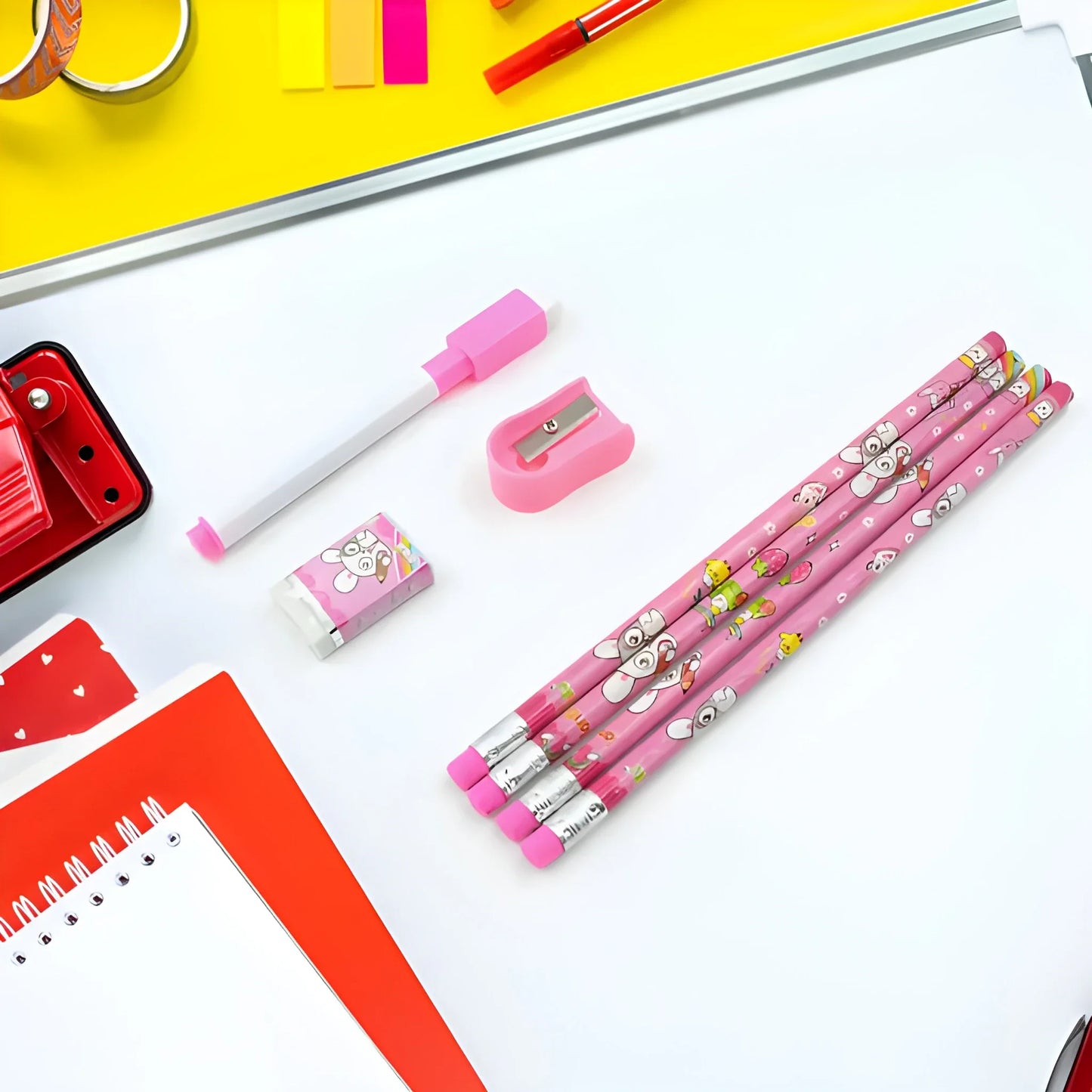 Cartoon stationery gift set with pink cartoon pens, stickers, and notepad