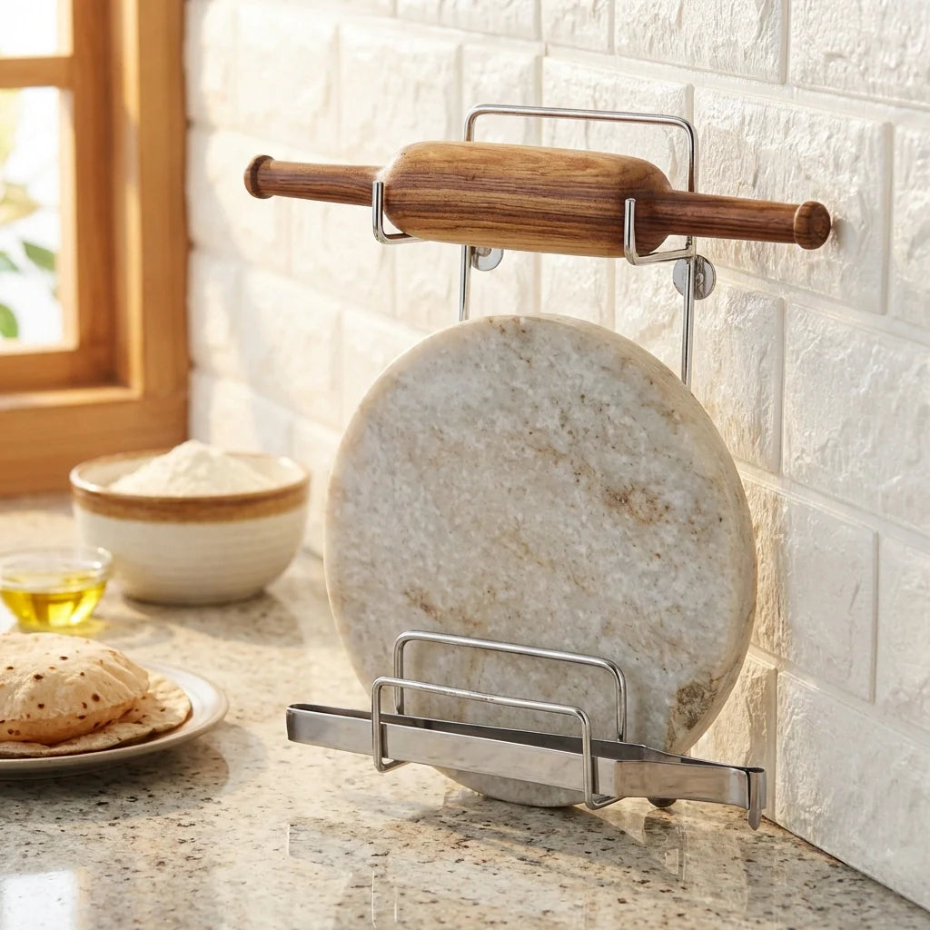 Metal stand with wooden handles holding a round stone chakla board