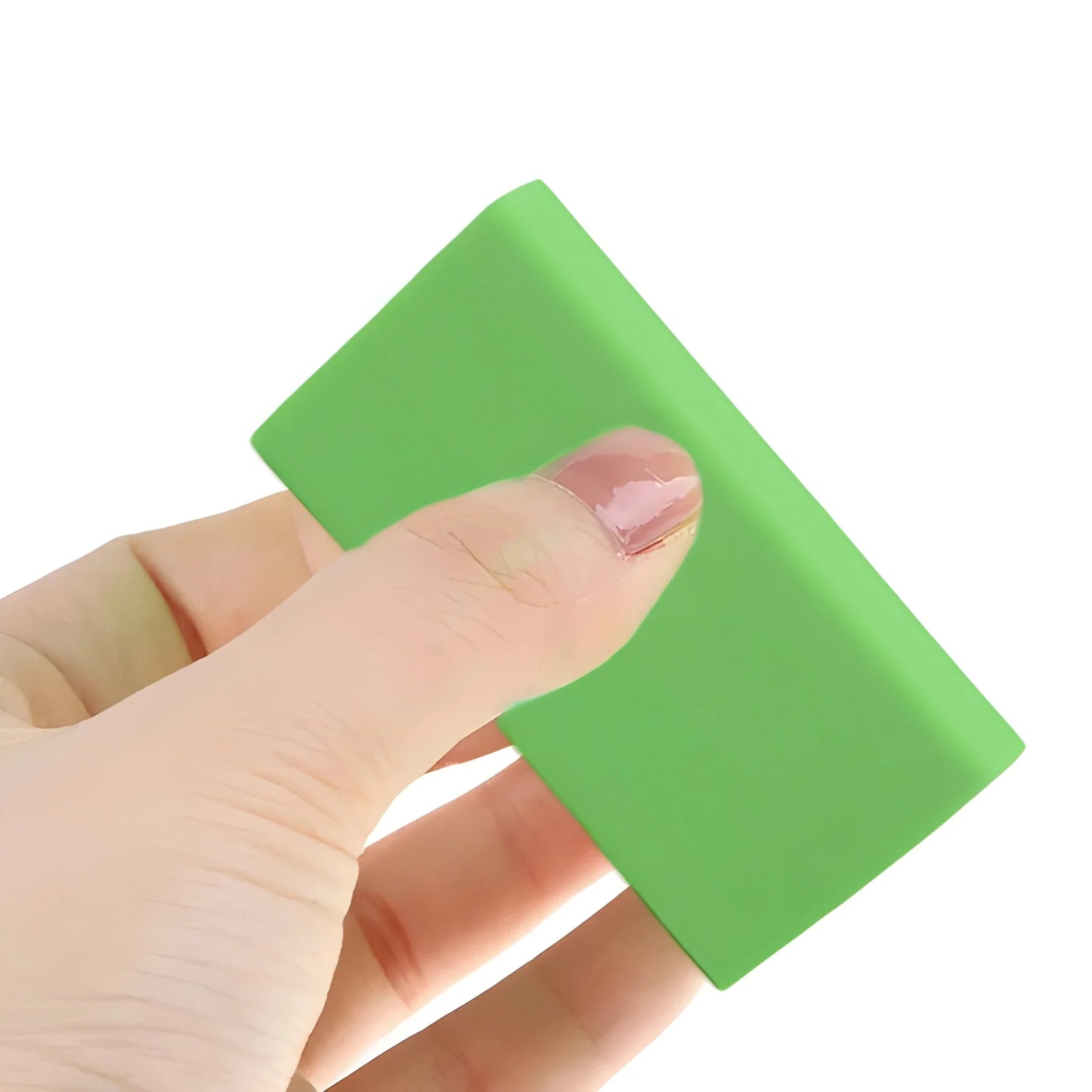 Green rectangular kids eraser held in a hand