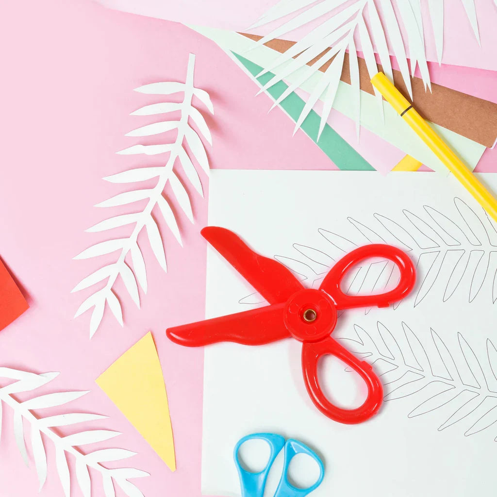 Red kids safety scissors with rounded blades and loop handles