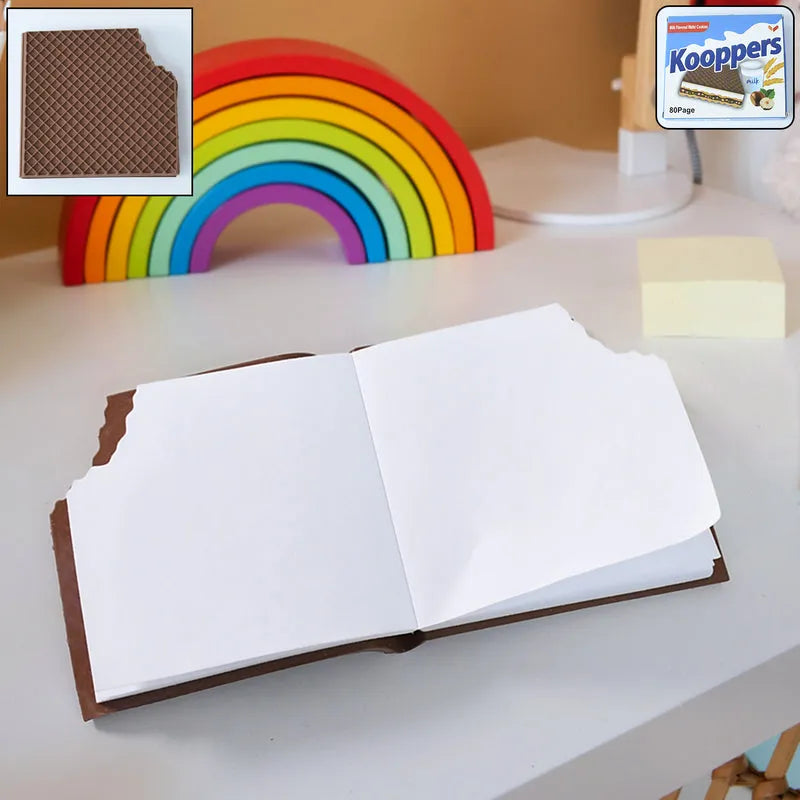 Brown chocolate-themed dairy notebook, open with blank pages and stitched binding