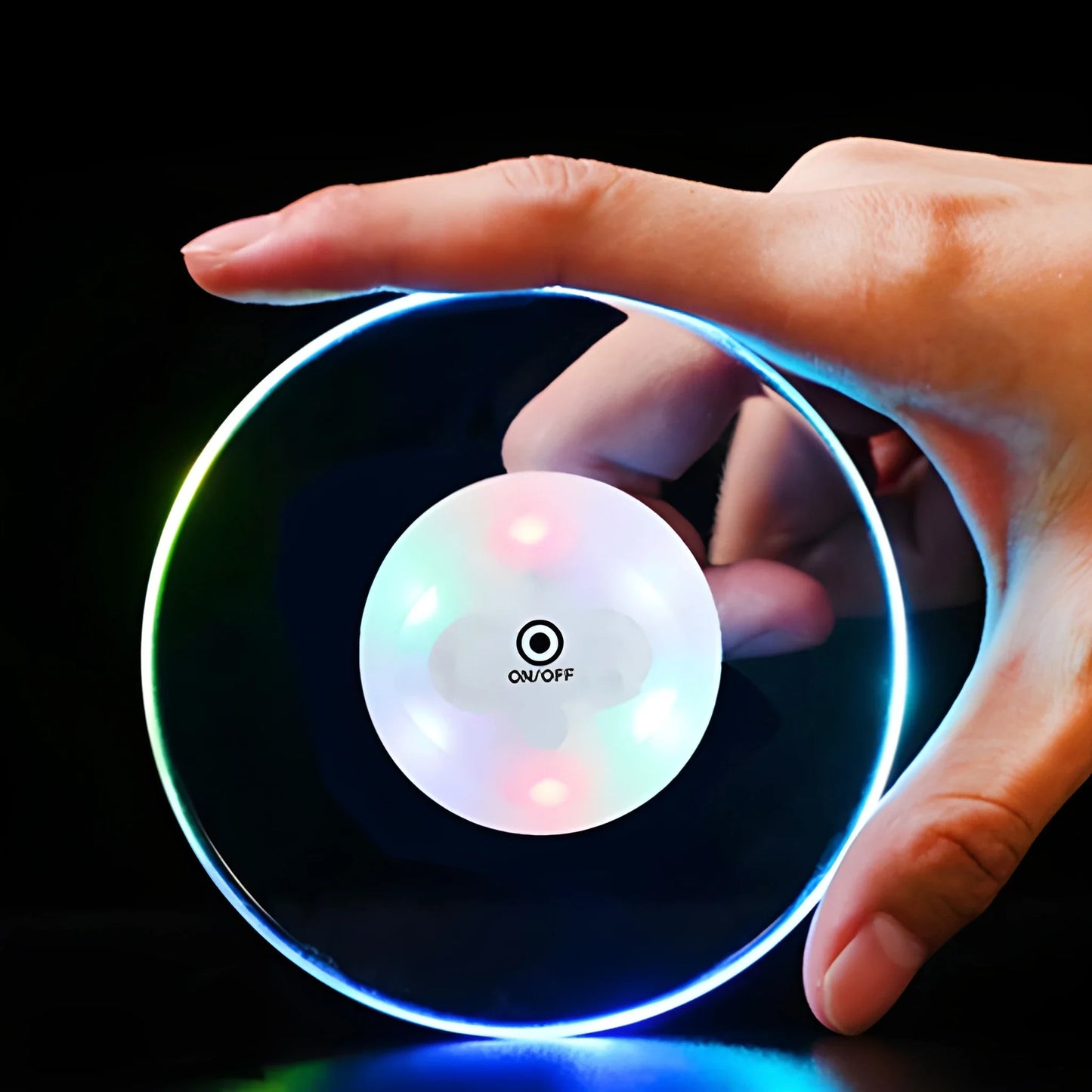 Color-changing LED party coaster with glowing circular light ring and on/off button