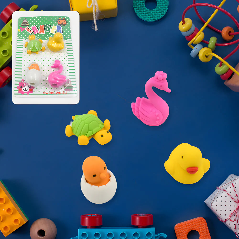 Colorful animal-shaped eraser set in blister pack, with pink and yellow erasers