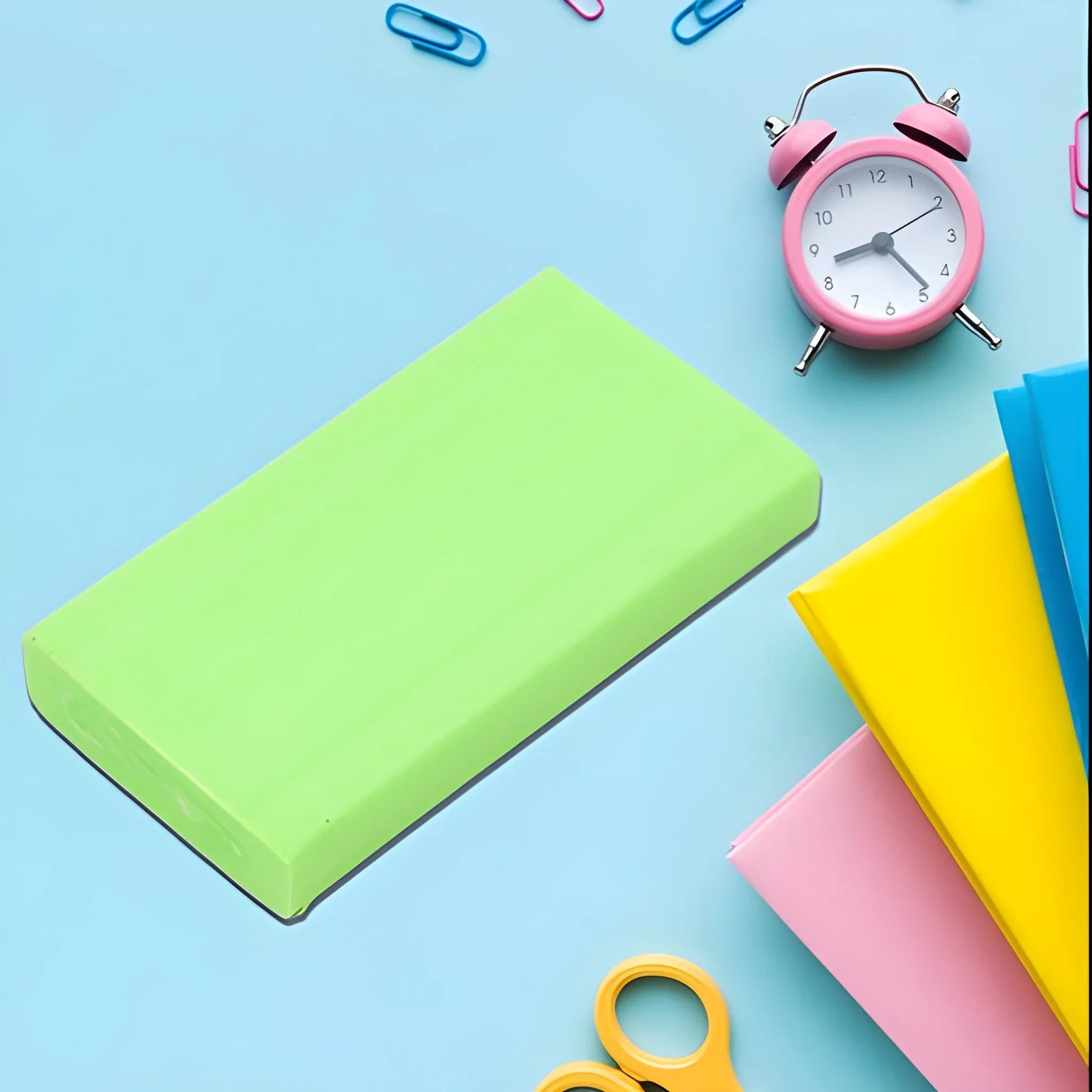 Assorted colorful eraser blocks, green yellow and pink, rectangular shape