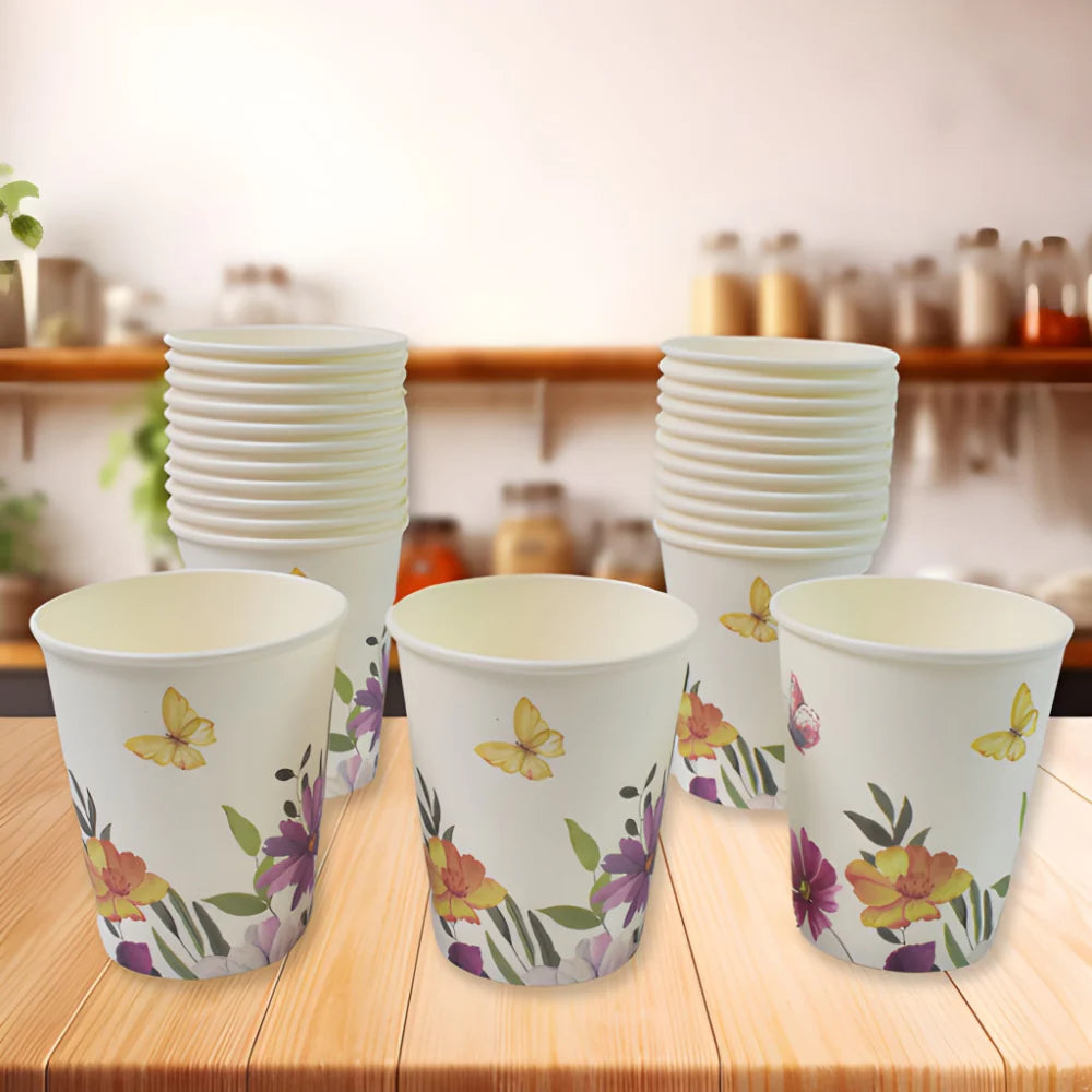 Floral paper cup set, stacked cups with butterfly and flower graphics
