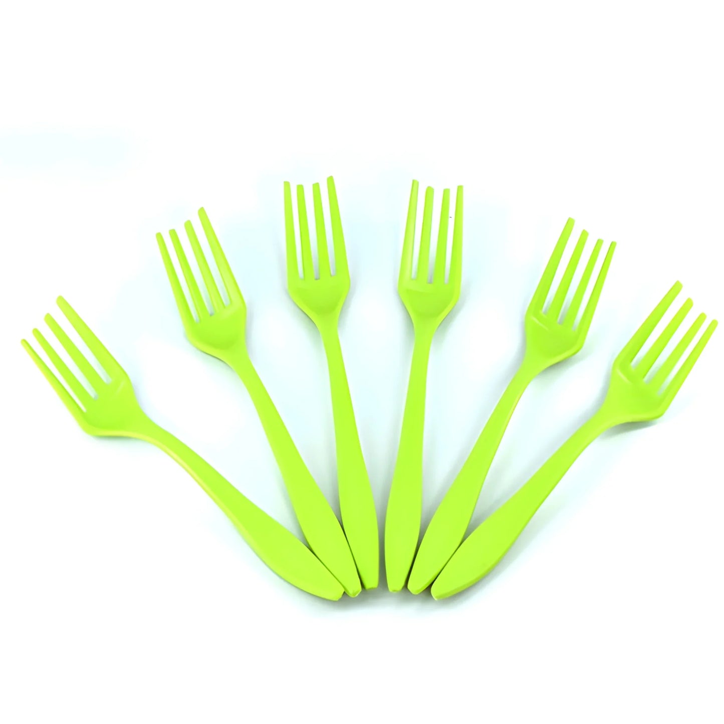 Neon green plastic party fork set with curved handles