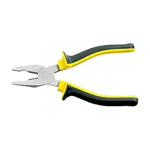 Combination pliers with yellow and black insulated handles and metal jaws