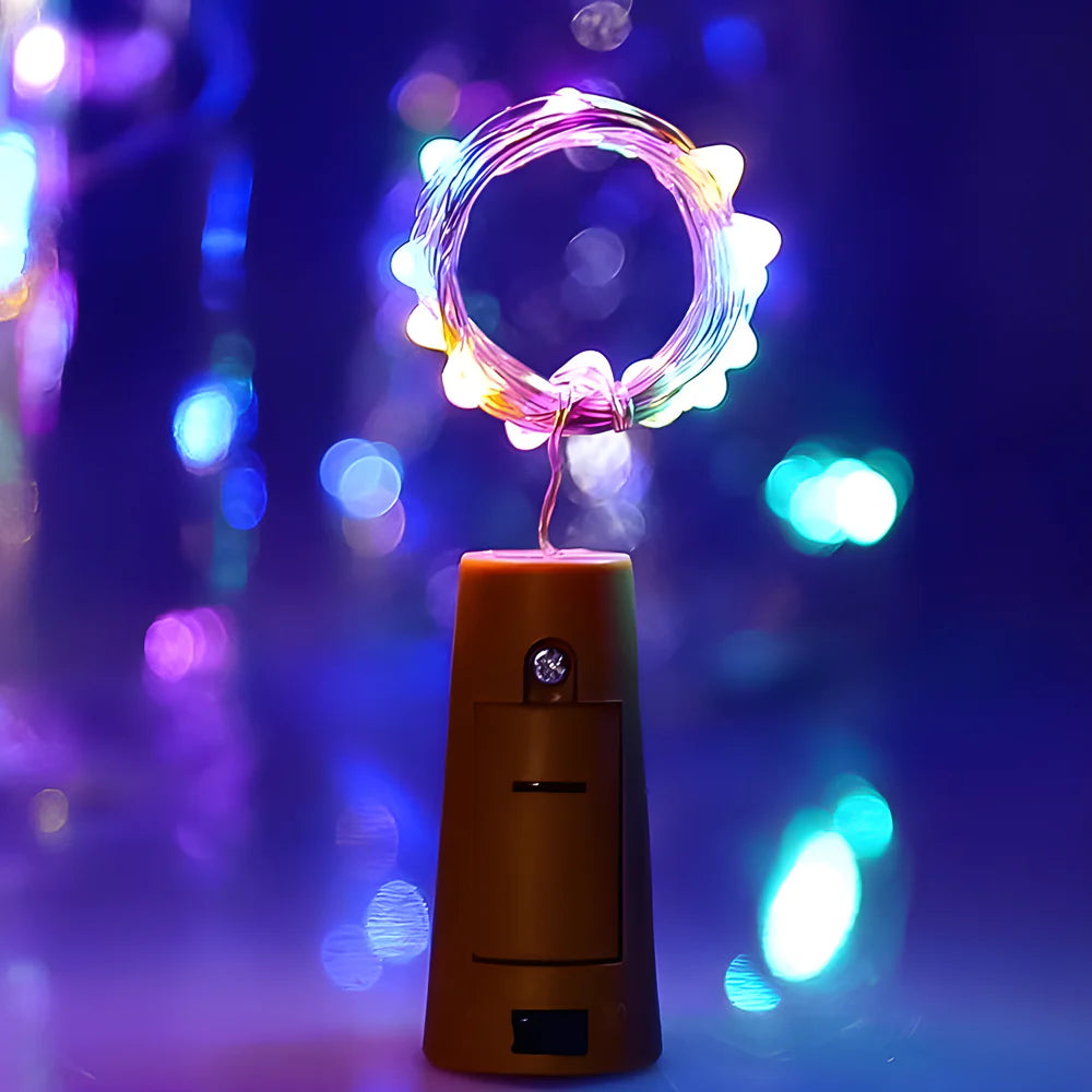 Cork bottle string light with glowing multicolor LED wire in stopper