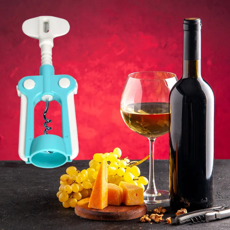 Teal and white corkscrew bottle opener with metal spiral.