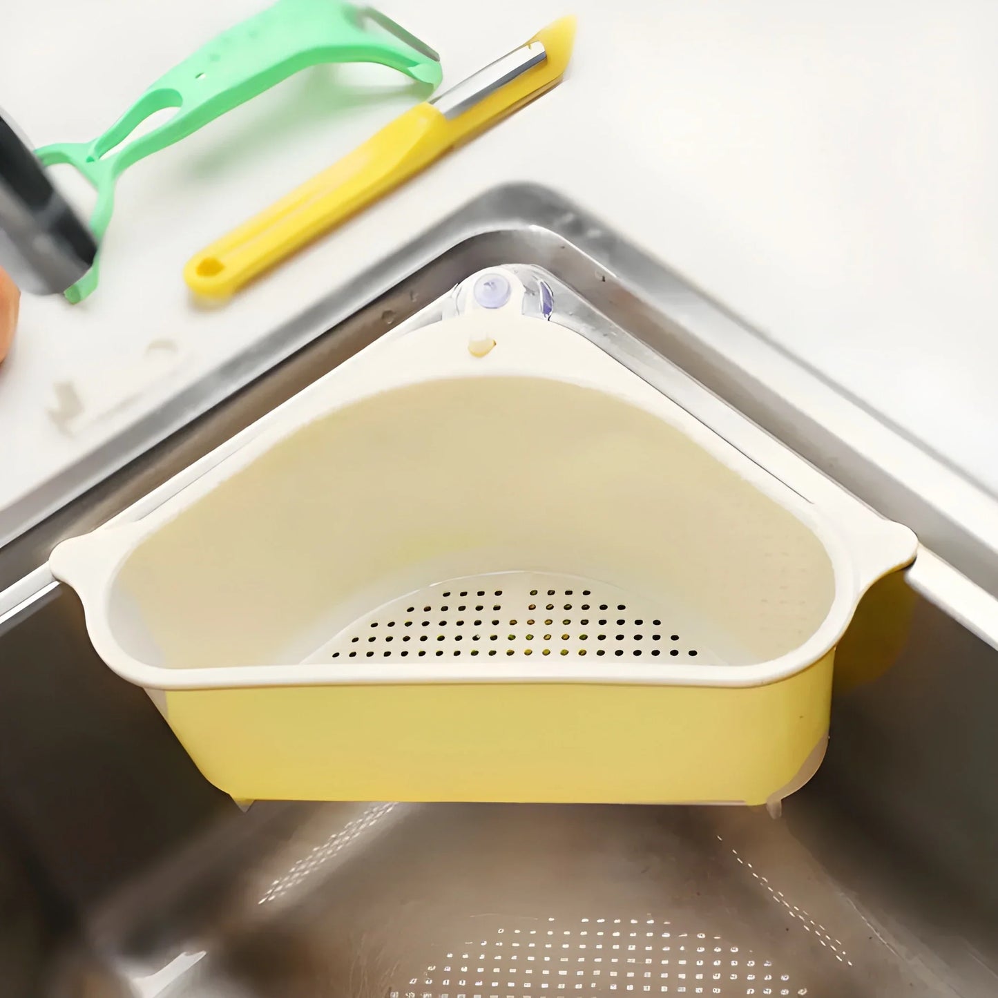 Corner sink organizer shelf with perforated tray, yellow and white, fits a corner