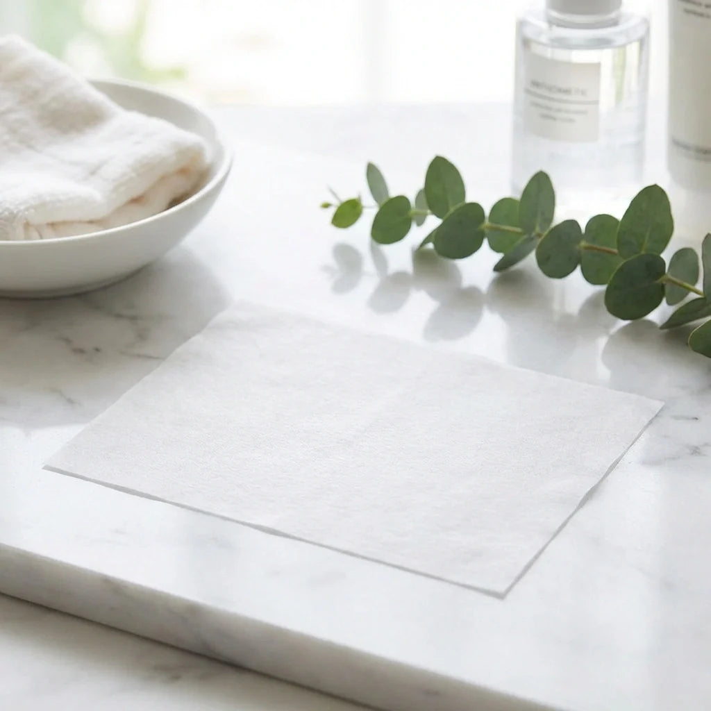 Cotton makeup remover pads, white square sheets on a tabletop